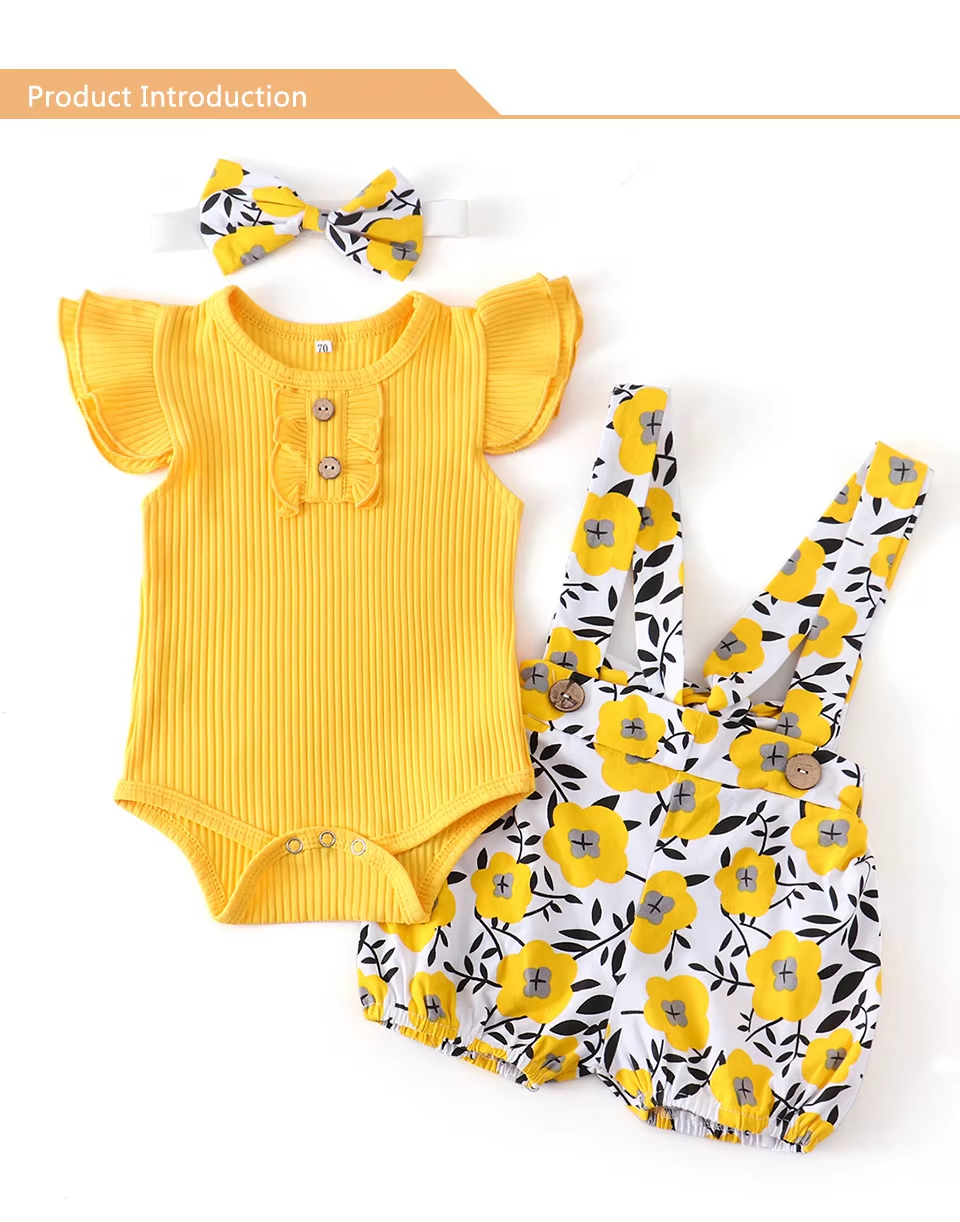 Baby Girl Summer Clothes Set Fashion Newborn Infant Knitting Cotton Ruffles Romper Shorts Bow Headband 3Pcs For Toddler Outfits