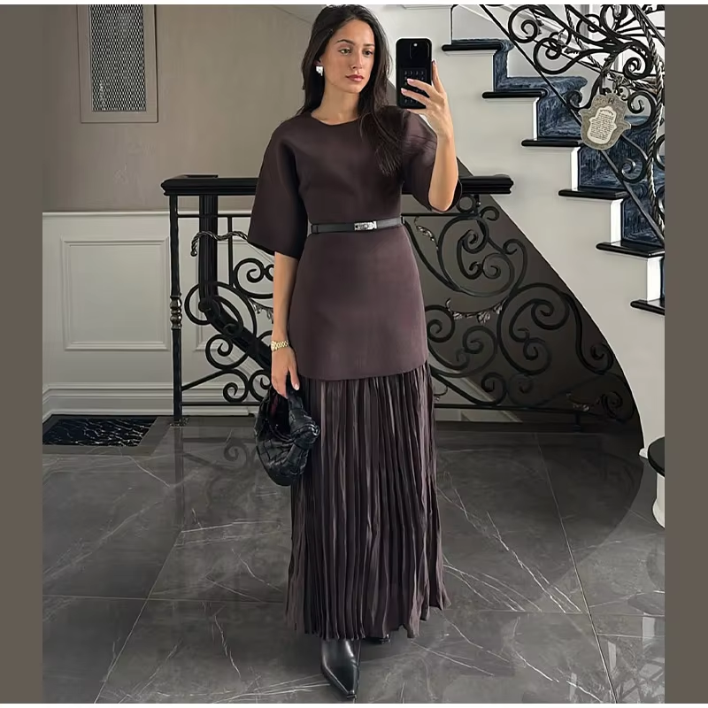 Elegant O Neck Short Sleeve Maxi Dress Women Fashion Solid Pleated Gauze Patchwork Dresses 2025 New Lady Office Commute Vestidos