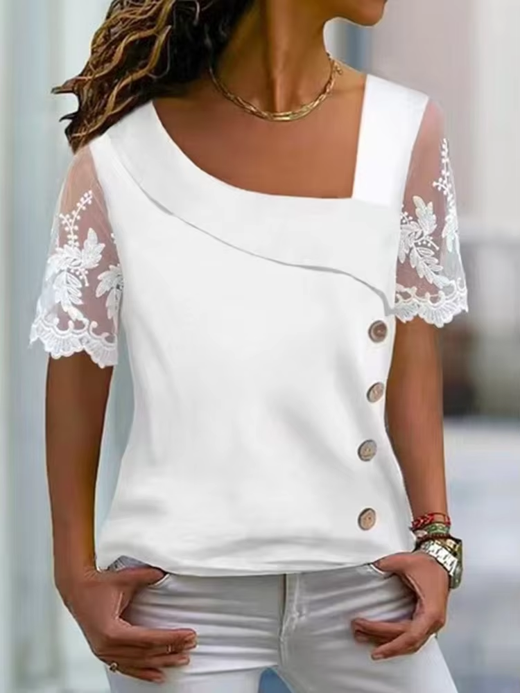 Fashion White Lace Short Sleeve Tops Women T Shirt 2023 Summer Casual Buttons Office T-shirt Tshirt Top Femme