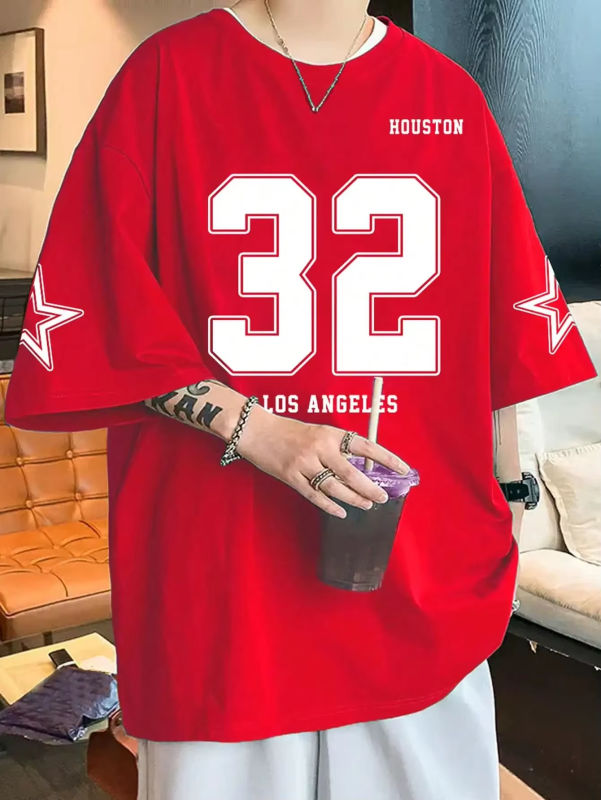 Los Angels Under The Classic Letter 32 Print T Shirt Man O-Neck Loose Short Sleeved Breathable Soft Tops Street Harajuku Tshirt