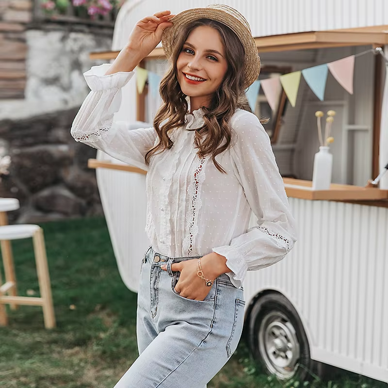 2025 Spring Autumn Women Blouse Fashion Casual Ruffles V Neck Long Sleeve Hollow Out Tops Office Lady Loose Streetwear Shirt